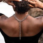 Female wearing affirmations silver necklace stacked with the believe in yourself chunky necklace 