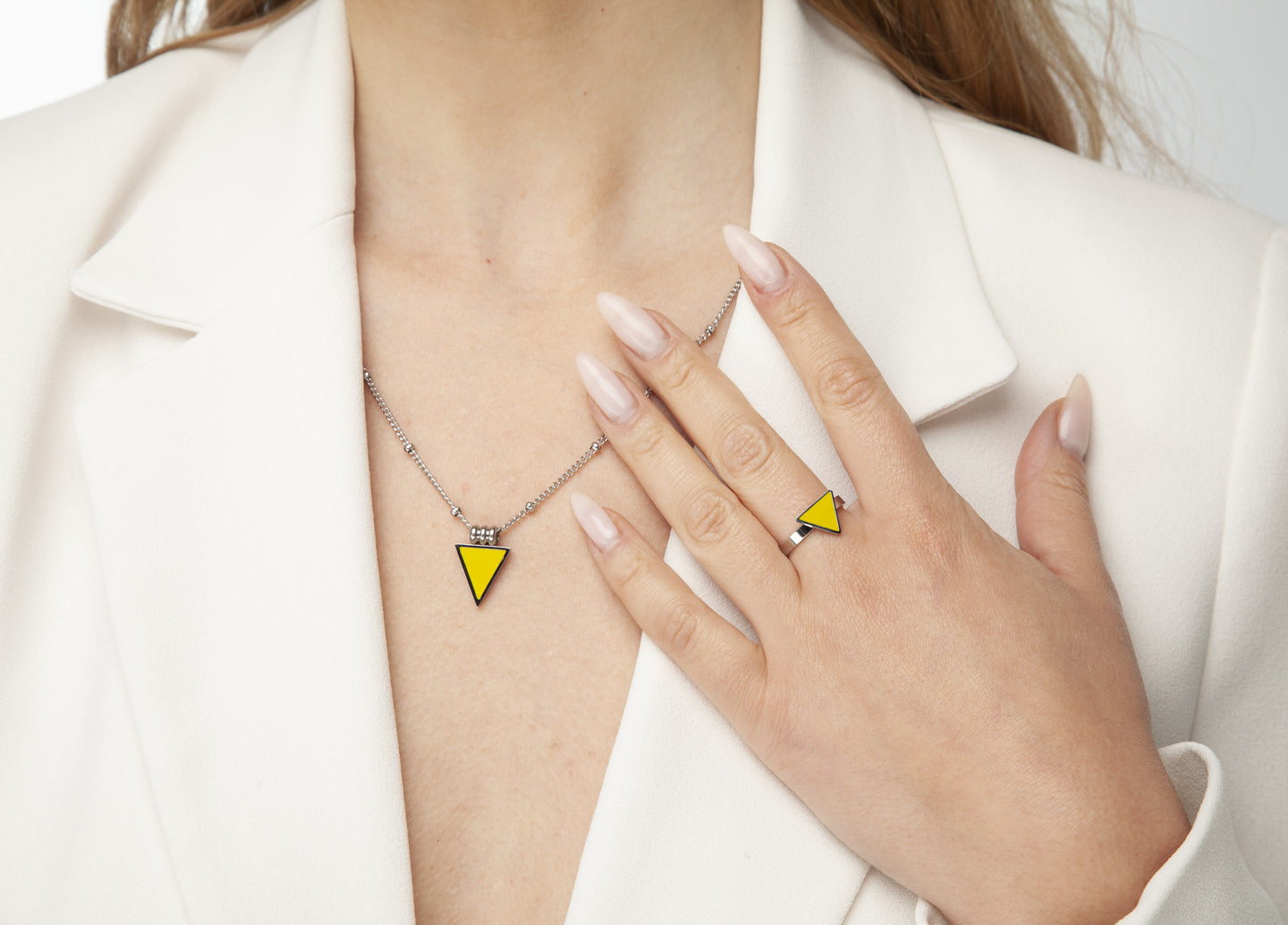 Happiness yellow bobble necklace and triangle yellow ring stainless steel silver
