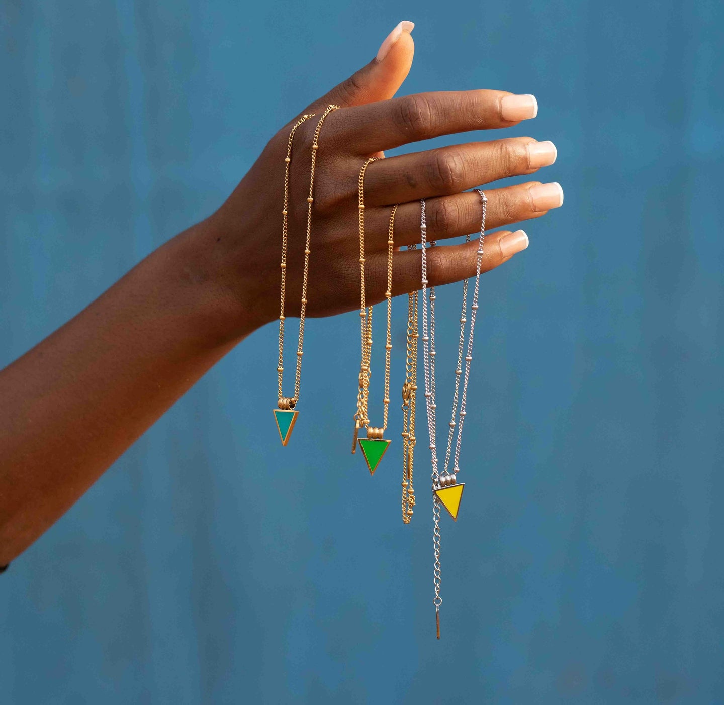 silver and yellow necklace, green and gold necklace, gold and turquoise necklace