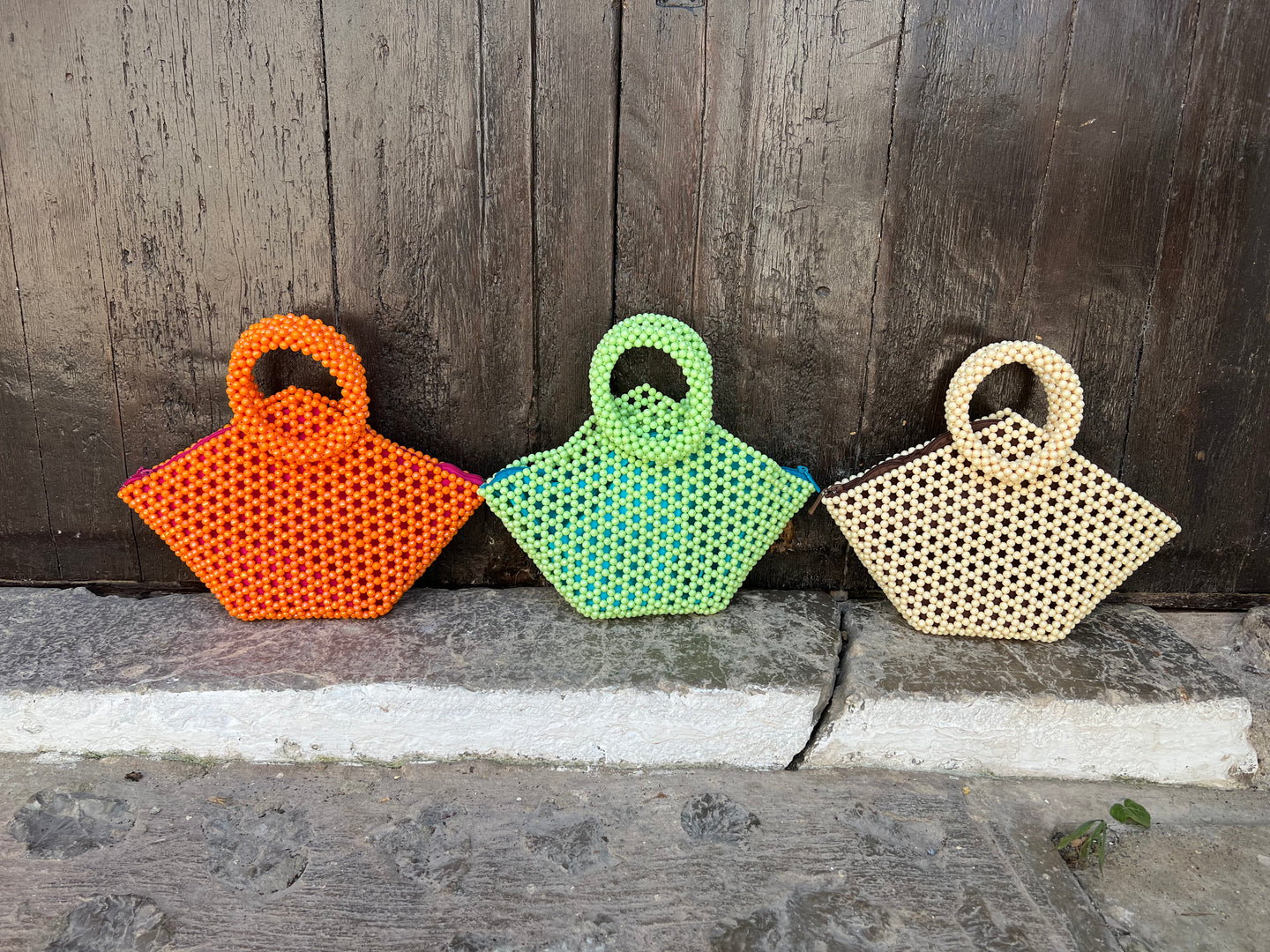 Orange, Green and beige handcrafted bead bags 