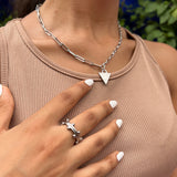 Female wearing Affirmation necklace in silver with booble ring in silver